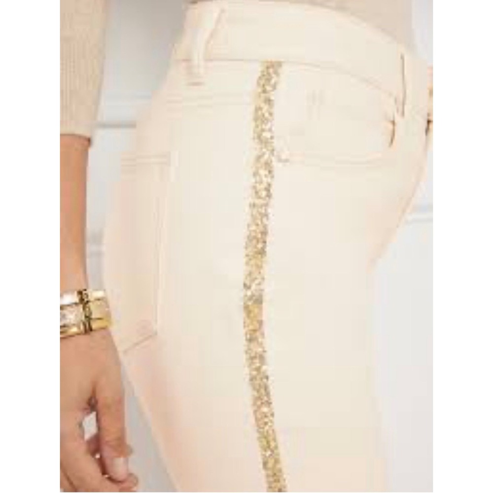 Talbots Womens 6 Straight Leg Jeans Ivory Cream Gold Sequin Tuxedo Stripe Denim